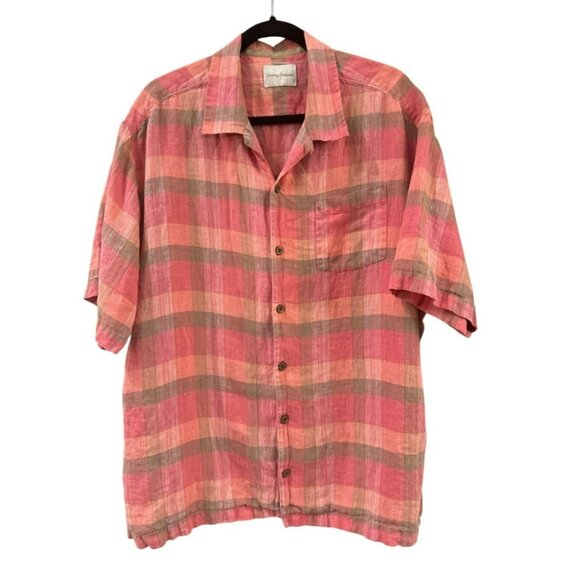Tommy Bahama Mens XL Plaid Short-Sleeve Button-Up Shirt 100% Linen Pink Green - Picture 1 of 4